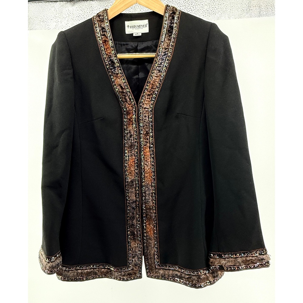 Vtg John Meyer of Norwich Black Beaded Faux Fur Trim Open Evening Jacket Sz 8